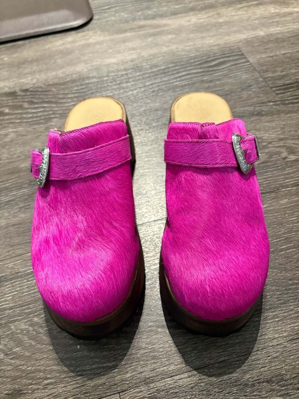 Urban Outfitters Pink Hair-On-Hide Platform Clogs with Buckle Strap